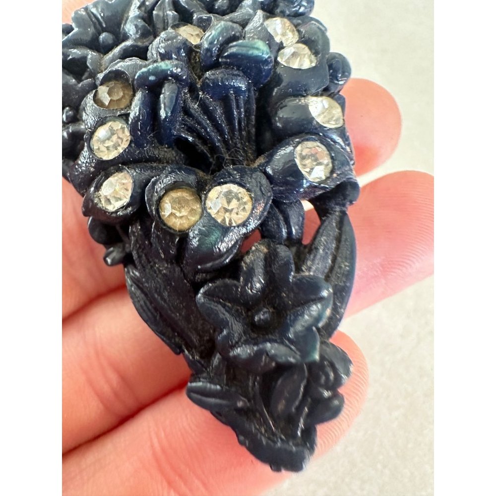 Antique Art Deco 1930s navy blue celluloid clear rhinestones floral pin brooch - Picture 4 of 6